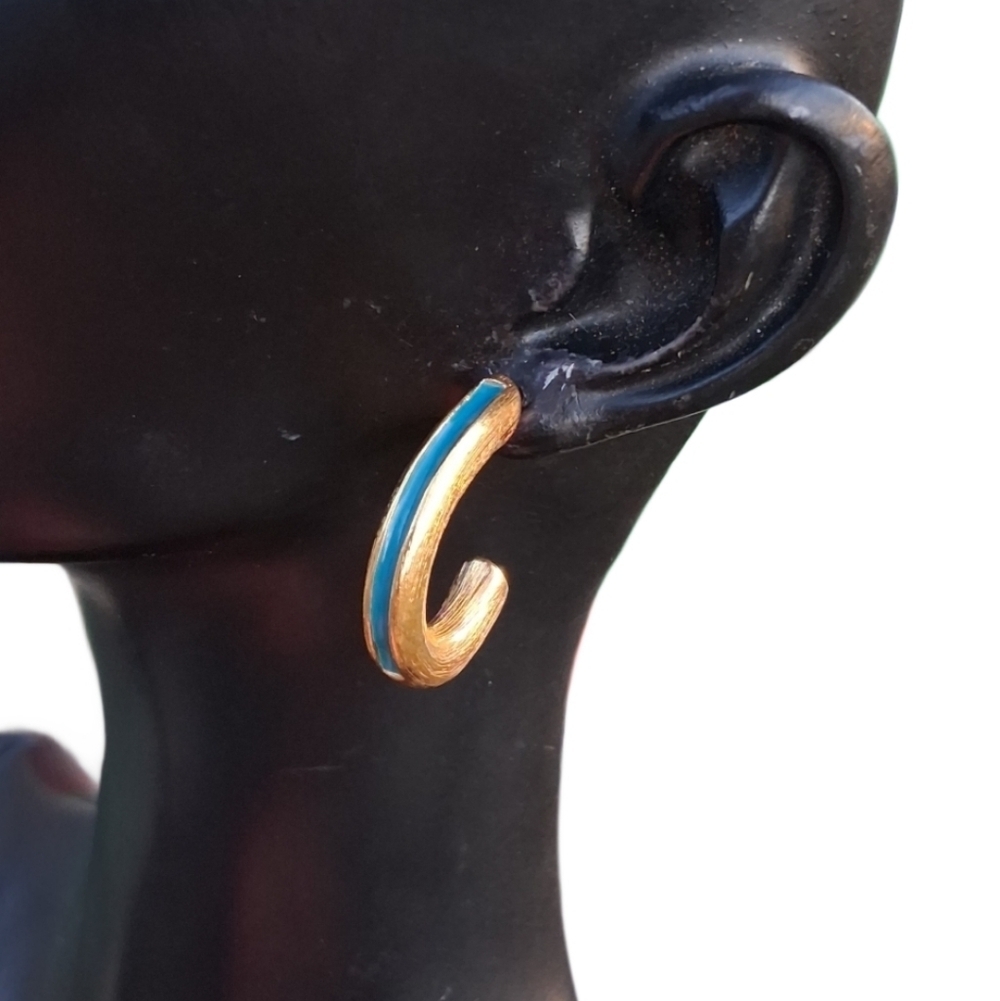 ​Vintage Brushed Gold Tone Open Hoop Earrings with Teal/Turquoise Enamel Stripe